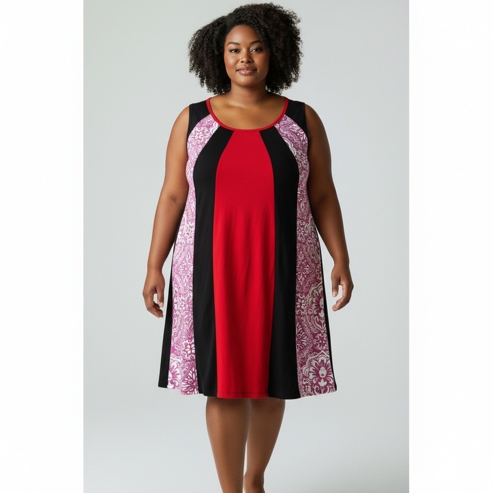 Shop Therapy Crew Neck Women's Sleeveless Dress Red Black Stretch Knit Size XL
